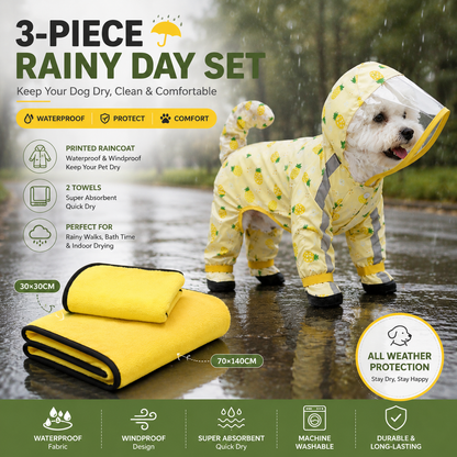 3-piece Dog Rainy Day Care Set with Yellow XL size Waterproof Raincoat, 30x30cm Paw Towel and 70x140cm Pet Bath Towel, Quick-Dry Pet Rain Protection Kit for Small and Medium Dogs