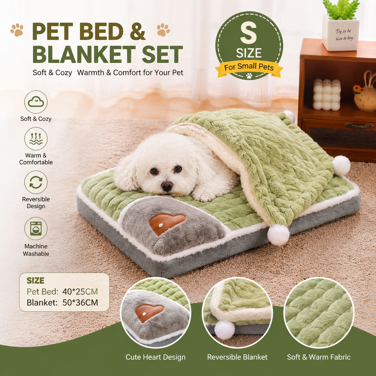 2-piece S size Green Pet Winter Comfort Bundle – 50x36cm Plush Pet Blanket and 40x25cm Thickened Pet Sleeping Bed Set for Dogs and Cats, Double-Sided Warm Blanket with Soft Plush Bed Cushion