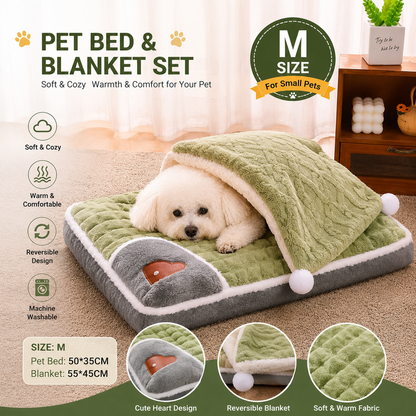 2-piece M size Green Pet Winter Comfort Bundle – 55x45cm Plush Pet Blanket and 50x35cm Thickened Pet Sleeping Bed Set for Dogs and Cats, Double-Sided Warm Blanket with Soft Plush Bed Cushion
