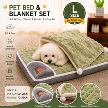 2-piece L size Green Pet Winter Comfort Bundle – 70x55cm Plush Pet Blanket and 60x40cm Thickened Pet Sleeping Bed Set for Dogs and Cats, Double-Sided Warm Blanket with Soft Plush Bed Cushion