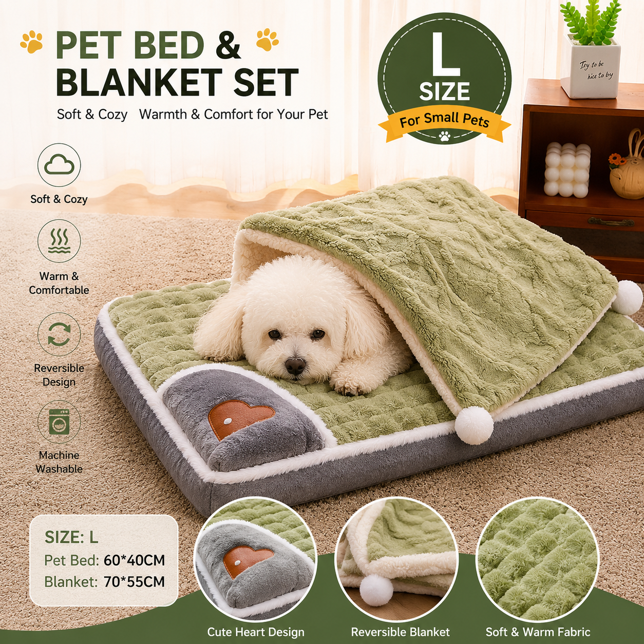 2-piece L size Green Pet Winter Comfort Bundle – 70x55cm Plush Pet Blanket and 60x40cm Thickened Pet Sleeping Bed Set for Dogs and Cats, Double-Sided Warm Blanket with Soft Plush Bed Cushion