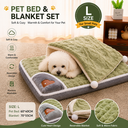 2-piece L size Green Pet Winter Comfort Bundle – 70x55cm Plush Pet Blanket and 60x40cm Thickened Pet Sleeping Bed Set for Dogs and Cats, Double-Sided Warm Blanket with Soft Plush Bed Cushion
