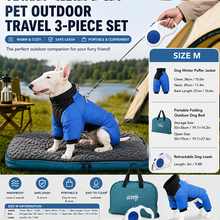 3-Piece Blue Winter Pet Outdoor Travel Set – blue m size Reflective Dog Puffer Jacket, blue 3m Retractable Leash & blue Portable Foldable Dog Bed