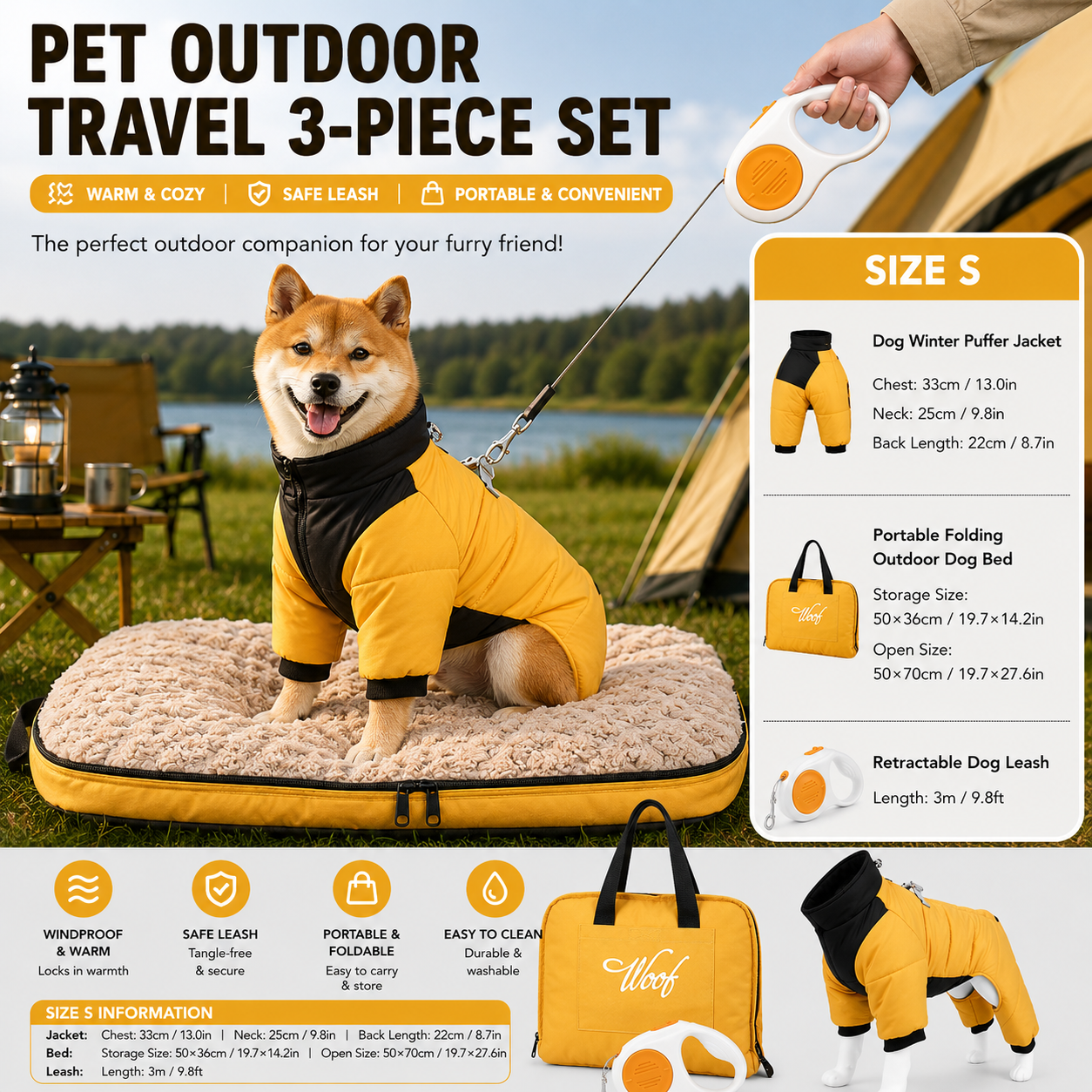 3-Piece Yellow Winter Pet Outdoor Travel Set – yellow s size Reflective Dog Puffer Jacket, orange 3m Retractable Leash & yellow Portable Foldable Dog Bed
