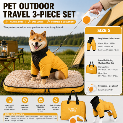 3-Piece Yellow Winter Pet Outdoor Travel Set – yellow s size Reflective Dog Puffer Jacket, orange 3m Retractable Leash & yellow Portable Foldable Dog Bed