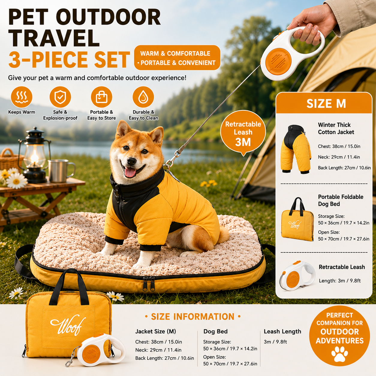 3-Piece Yellow Winter Pet Outdoor Travel Set – yellow m size Reflective Dog Puffer Jacket, orange 3m Retractable Leash & yellow Portable Foldable Dog Bed