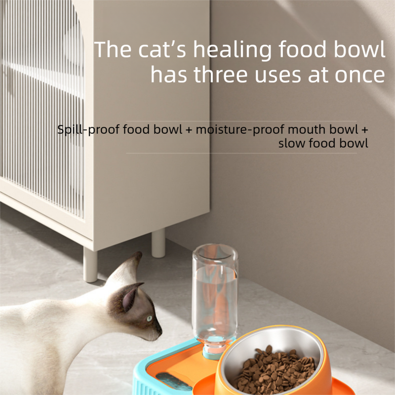 Yellow and Green Cat & Dog Feeding Station with Water Dispenser – Elevated Stainless Steel Pet Bowl Set with Slow Feeder, Anti-Spill Design and Automatic Water Supply - view 2