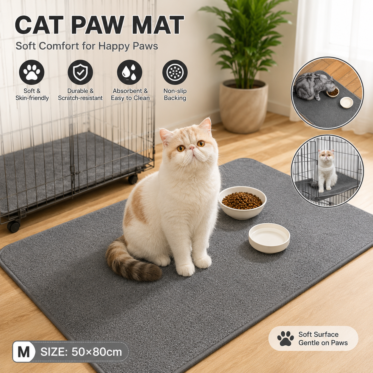Grey M size 50x80cm Soft Cat Scratching Mat & Lounge Bed – Durable Furniture Protector Rug, Washable Scratch Pad for Cats and Small Pets