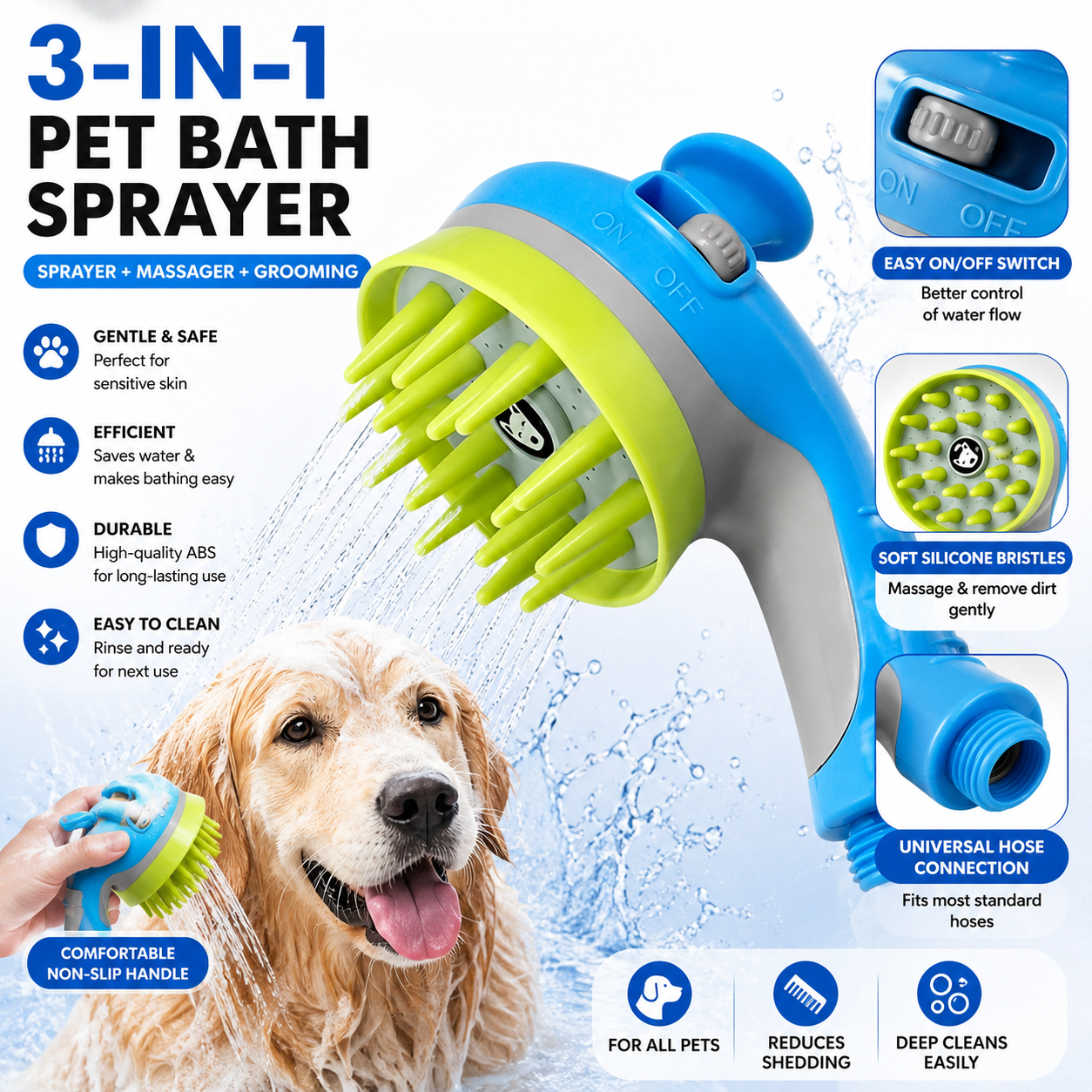 Orange Pet Bathing Shower Sprayer Brush with Water Control Switch Control Dog Grooming Massage Shampoo Rinse Tool