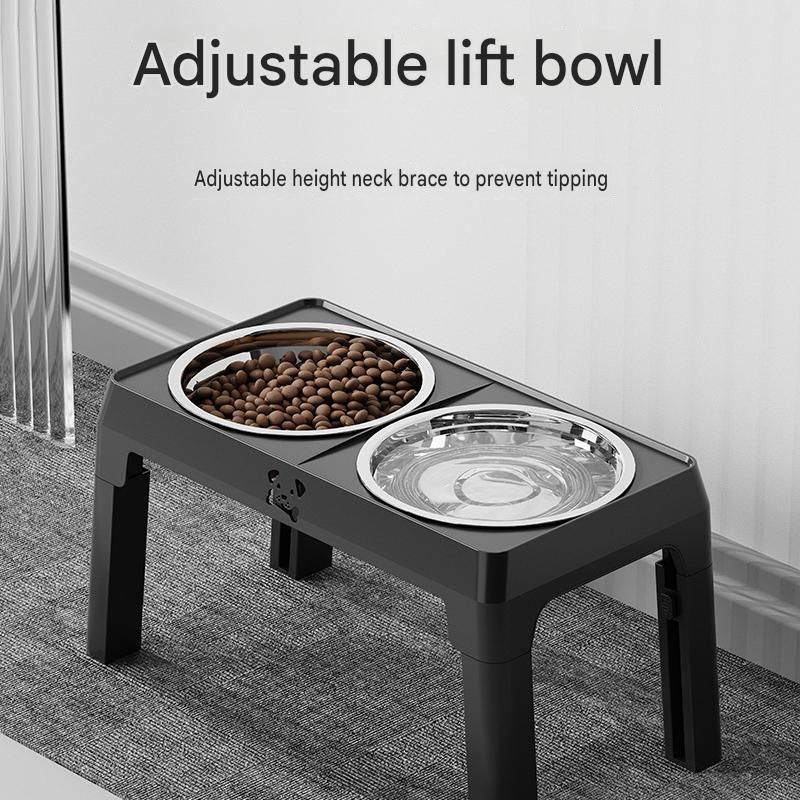 Black Adjustable Elevated Dog Bowl Stand with Stainless Steel Double Bowls, Foldable Raised Pet Feeding Station for Medium & Large Dogs, Anti-Slip Height Adjustable Food and Water Feeder - view 2