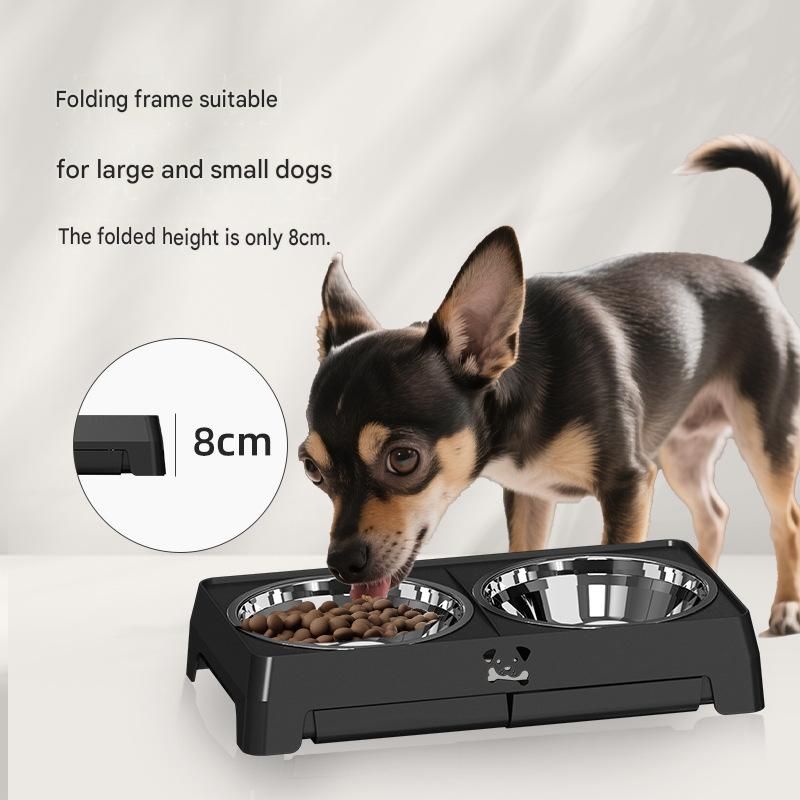 Black Adjustable Elevated Dog Bowl Stand with Stainless Steel Double Bowls, Foldable Raised Pet Feeding Station for Medium & Large Dogs, Anti-Slip Height Adjustable Food and Water Feeder - view 4