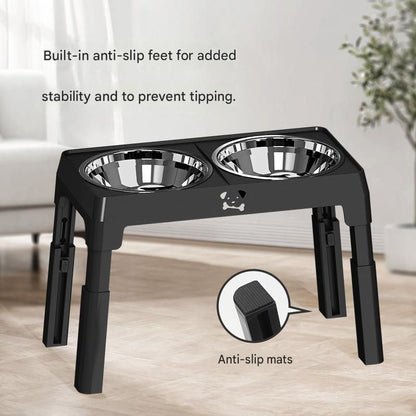 Black Adjustable Elevated Dog Bowl Stand with Stainless Steel Double Bowls, Foldable Raised Pet Feeding Station for Medium & Large Dogs, Anti-Slip Height Adjustable Food and Water Feeder - view 5