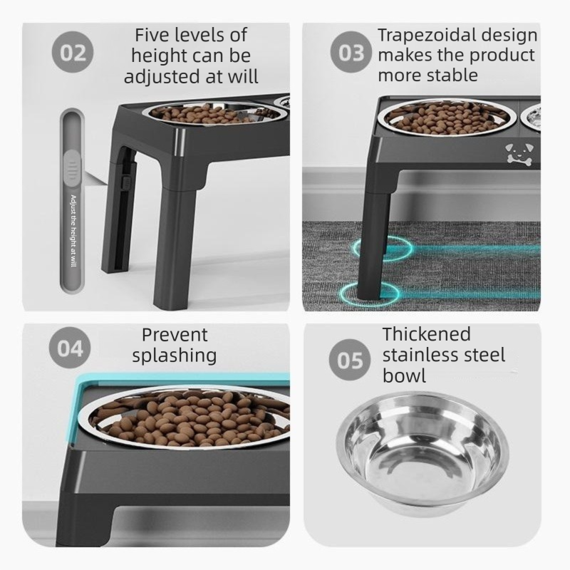 Pet Care Bundle Set – Black Adjustable Elevated Double Dog Bowl & White and Grey 2-in-1 Self-Cleaning Pet Grooming Comb, Stainless Steel Feeding Station and Deshedding Brush for Dogs & Cats - view 4