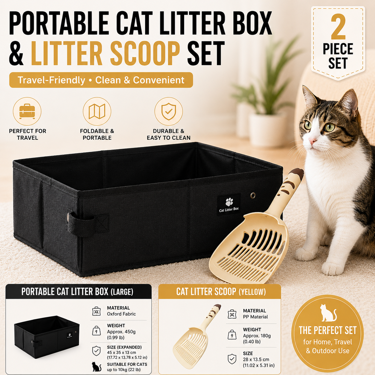 Travel Friendly Pet Toilet Kit - Black Portable Cat Litter Box and Yellow Scoop Set - Foldable Oxford Fabric Tray with Waterproof Liner, PP Fine Mesh Scoop for Tofu and Clumping Litter,Suitable for travel and outdoor use