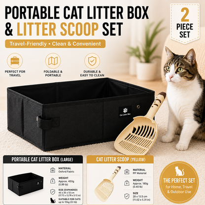 Travel Friendly Pet Toilet Kit - Black Portable Cat Litter Box and Yellow Scoop Set - Foldable Oxford Fabric Tray with Waterproof Liner, PP Fine Mesh Scoop for Tofu and Clumping Litter,Suitable for travel and outdoor use