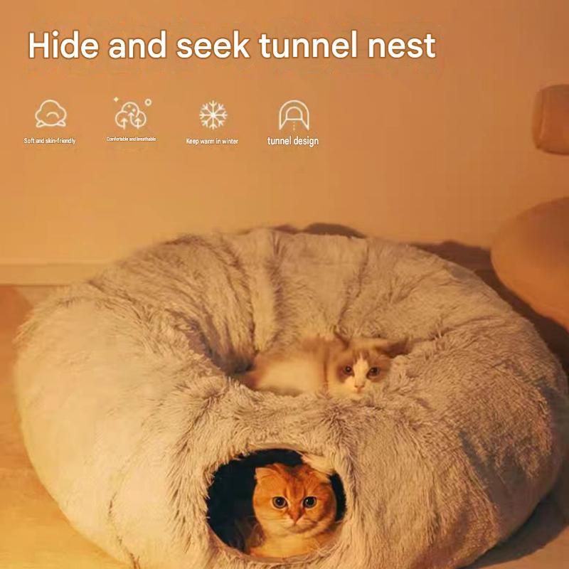 Grey Foldable Cat Tunnel Bed - Plush 2-in-1 Pet Nest with 26cm Wide Opening, Non-Slip Base and Hanging Toy for Indoor Cats - view 2