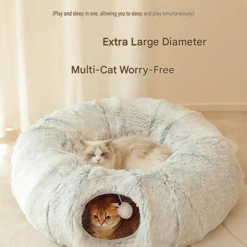 Grey Foldable Cat Tunnel Bed - Plush 2-in-1 Pet Nest with 26cm Wide Opening, Non-Slip Base and Hanging Toy for Indoor Cats - view 3