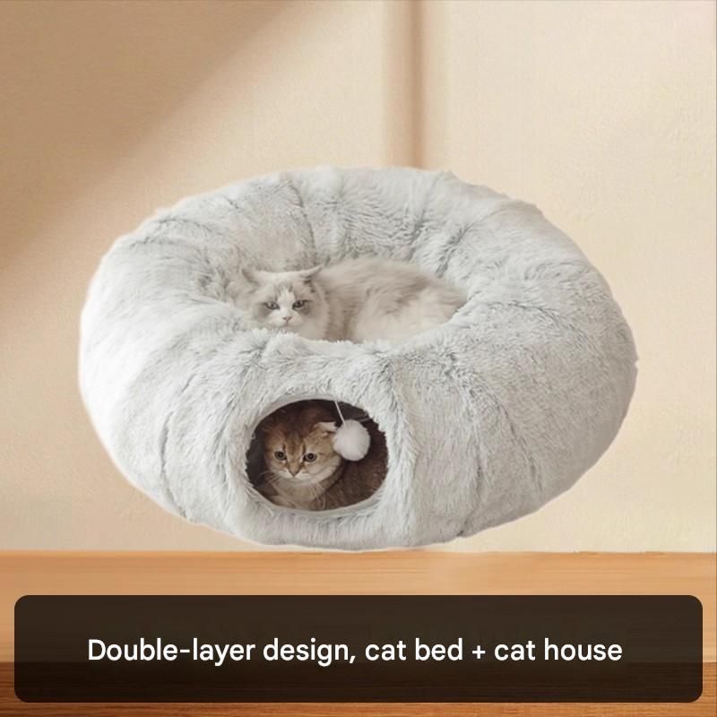 Grey Foldable Cat Tunnel Bed - Plush 2-in-1 Pet Nest with 26cm Wide Opening, Non-Slip Base and Hanging Toy for Indoor Cats - view 4