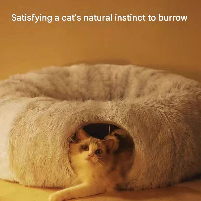Grey Foldable Cat Tunnel Bed - Plush 2-in-1 Pet Nest with 26cm Wide Opening, Non-Slip Base and Hanging Toy for Indoor Cats - view 5