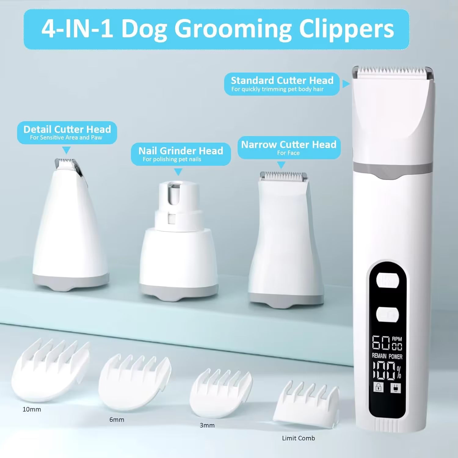Pet Hair Clipper and Nail Grinder Kit Electric Dog Cat Grooming Trimmer with Multiple Heads and Digital Display - view 2