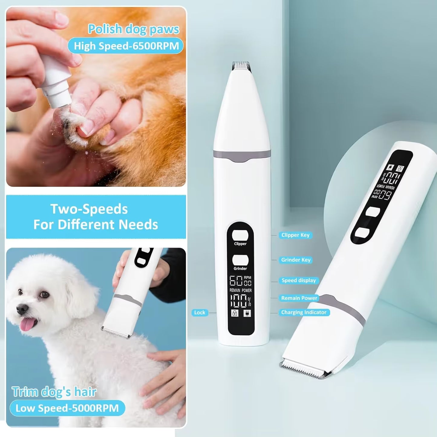 Pet Hair Clipper and Nail Grinder Kit Electric Dog Cat Grooming Trimmer with Multiple Heads and Digital Display - view 3