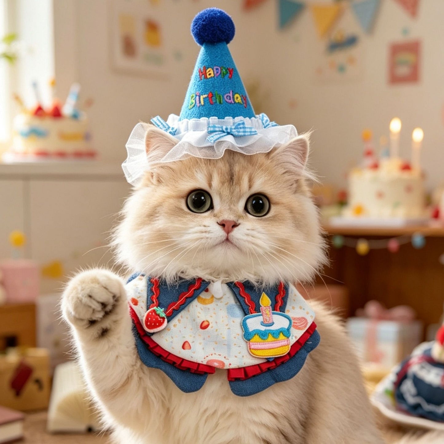 Size S Blue Pet Birthday Party Supplies Strawberry Cake Bib and Hat Set Cat Dog Costume Photo Shoot Outfit - view 2