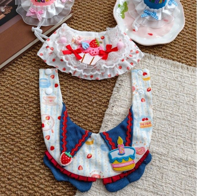 Size S Blue Pet Birthday Party Supplies Strawberry Cake Bib and Hat Set Cat Dog Costume Photo Shoot Outfit - view 5