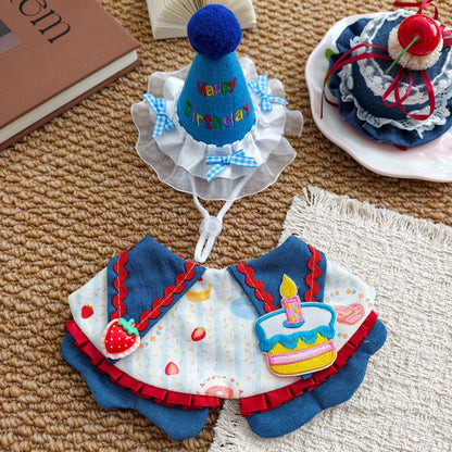 Size L Blue Pet Birthday Party Supplies Strawberry Cake Bib and Hat Set Cat Dog Costume Photo Shoot Outfit - view 3