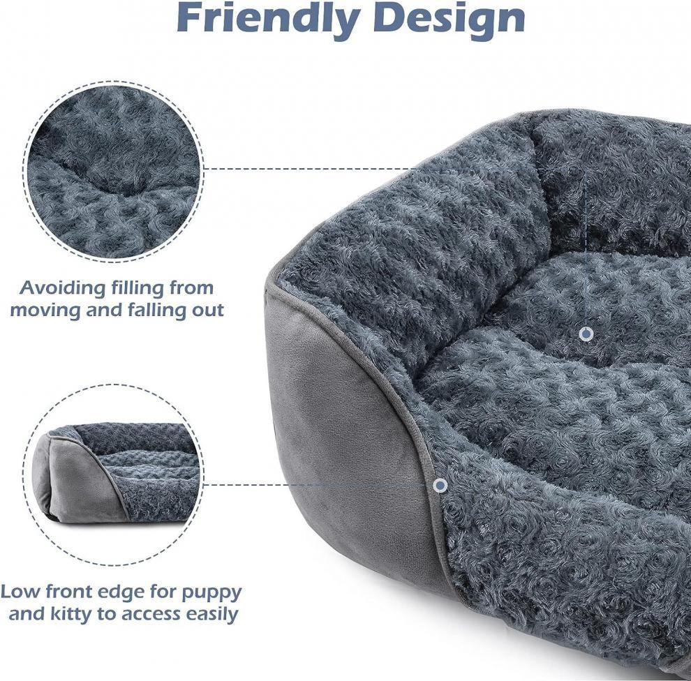 Grey Small & Medium Pet Bed - Washable Rectangle Dog Bed with Bolstered Walls and Anti-Slip Bottom, S (60×45×14cm) - view 3