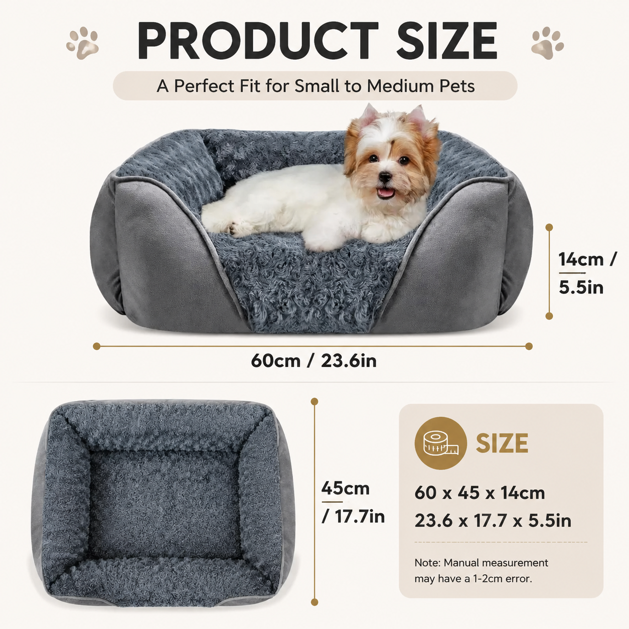 Grey Small & Medium Pet Bed - Washable Rectangle Dog Bed with Bolstered Walls and Anti-Slip Bottom, S (60×45×14cm) - view 6