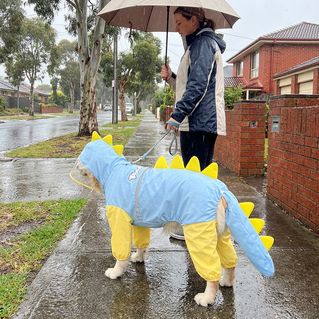 Blue Dog Raincoat Dinosaur Hooded Waterproof Jacket 3XL Size with Leash Hole Removable Tail Cover Full Body Coverage Pet Rain Coat for Outdoor Walking Large Dogs - view 2