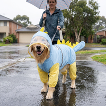 Blue Dog Raincoat Dinosaur Hooded Waterproof Jacket 4XL Size with Leash Hole Removable Tail Cover Full Body Coverage Pet Rain Coat for Outdoor Walking Large Dogs