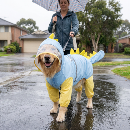Blue Dog Raincoat Dinosaur Hooded Waterproof Jacket 5XL Size with Leash Hole Removable Tail Cover Full Body Coverage Pet Rain Coat for Outdoor Walking Large Dogs