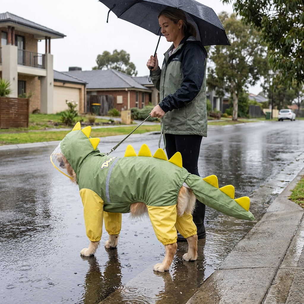 Green Dog Raincoat Dinosaur Hooded Waterproof Jacket 6XL Size with Leash Hole Removable Tail Cover Full Body Coverage Pet Rain Coat for Outdoor Walking Large Dogs - view 3