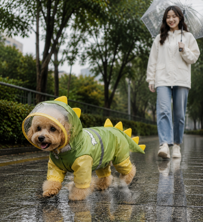 Green Size 2XL Waterproof Dinosaur Dog Raincoat with Harness Hole Full Body Pet Rain Jacket for Small Dogs Tail Cover Lightweight Outdoor Walking - view 2