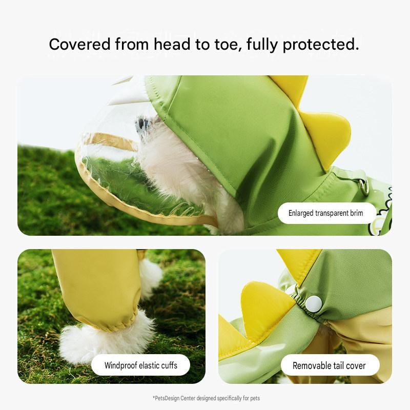 Green Size 2XL Waterproof Dinosaur Dog Raincoat with Harness Hole Full Body Pet Rain Jacket for Small Dogs Tail Cover Lightweight Outdoor Walking - view 4
