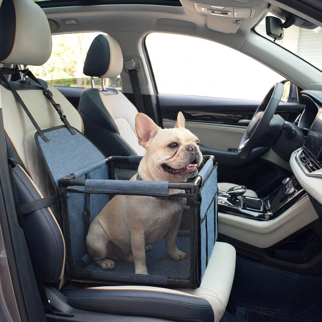 Blue Easy Install Dog Car Seat - Dark Blue Waterproof Foldable Dog & Cat Booster Seat with Breathable Mesh, Safety Strap & Reinforced Frame for Travel, Anti-Slip Portable Pet Car Bed - view 2