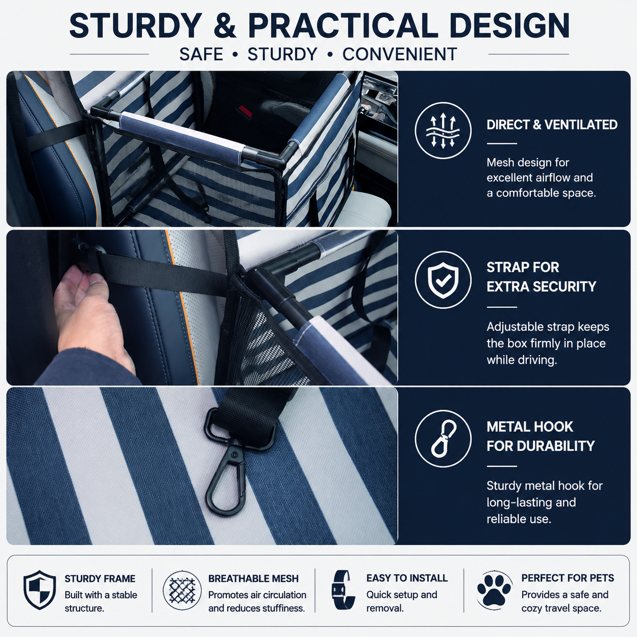 Blue Easy Install Dog Car Seat - Dark Blue Waterproof Foldable Dog & Cat Booster Seat with Breathable Mesh, Safety Strap & Reinforced Frame for Travel, Anti-Slip Portable Pet Car Bed - view 5