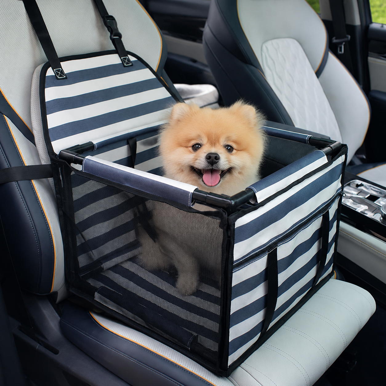 Pet Car Seat for Dogs and Cats Waterproof Mesh Booster Seat Carrier Bag - Striped Car Travel Pet Bed with Safety Strap Anti Slip Portable Pet Travel Carrier for Small Pets - view 3