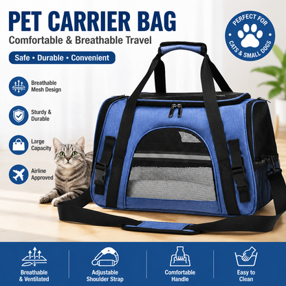 Blue Pet Carrier Bag - Breathable Meshfor Small Dogs and Cats Travel Carrier Airline Travel Ready Adjustable Shoulder Strap Durable Ventilated Design (44x25x28cm)