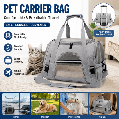 Grey Pet Carrier Bag - Breathable Meshfor Small Dogs and Cats Travel Carrier Airline Travel Ready Adjustable Shoulder Strap Durable Ventilated Design (44x25x28cm)