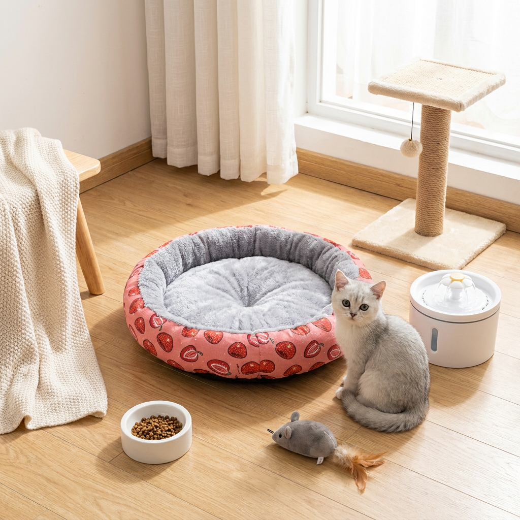 Round Pet Bed for Small Dogs and Cats, Soft Plush Calming Cat Bed with Strawberry Pattern, Cozy Washable Puppy Sleeping Mat, Non Slip Bottom Pet Cushion for Indoor Home Use(Diameter: 34cm) - view 2