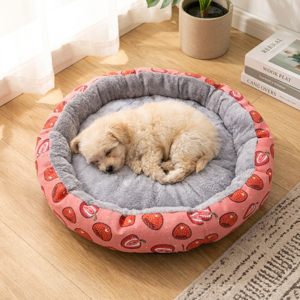 Round Pet Bed for Small Dogs and Cats, Soft Plush Calming Cat Bed with Strawberry Pattern, Cozy Washable Puppy Sleeping Mat, Non Slip Bottom Pet Cushion for Indoor Home Use(Diameter: 34cm) - view 3