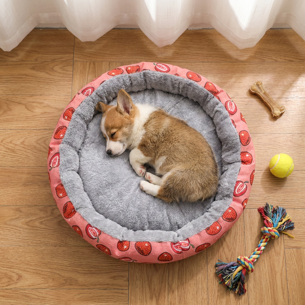 Round Pet Bed for Small Dogs and Cats, Soft Plush Calming Cat Bed with Strawberry Pattern, Cozy Washable Puppy Sleeping Mat, Non Slip Bottom Pet Cushion for Indoor Home Use(Diameter: 34cm) - view 4