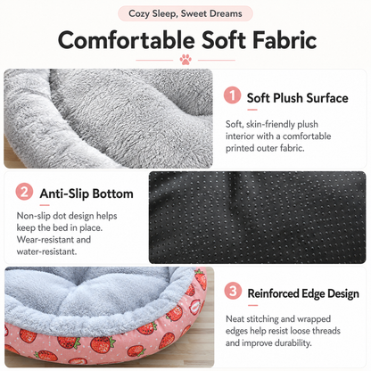 Round Pet Bed for Small Dogs and Cats, Soft Plush Calming Cat Bed with Strawberry Pattern, Cozy Washable Puppy Sleeping Mat, Non Slip Bottom Pet Cushion for Indoor Home Use(Diameter: 34cm) - view 5