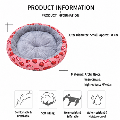 Round Pet Bed for Small Dogs and Cats, Soft Plush Calming Cat Bed with Strawberry Pattern, Cozy Washable Puppy Sleeping Mat, Non Slip Bottom Pet Cushion for Indoor Home Use(Diameter: 34cm) - view 7