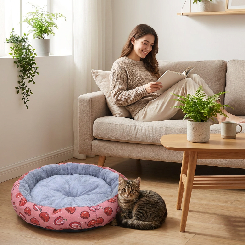 Round Pet Bed for Small Dogs and Cats, Soft Plush Calming Cat Bed with Strawberry Pattern, Cozy Washable Puppy Sleeping Mat, Non Slip Bottom Pet Cushion for Indoor Home Use(Diameter: 45cm) - view 2