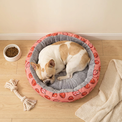 Round Pet Bed for Small Dogs and Cats, Soft Plush Calming Cat Bed with Strawberry Pattern, Cozy Washable Puppy Sleeping Mat, Non Slip Bottom Pet Cushion for Indoor Home Use(Diameter: 45cm) - view 3