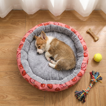 Round Pet Bed for Small Dogs and Cats, Soft Plush Calming Cat Bed with Strawberry Pattern, Cozy Washable Puppy Sleeping Mat, Non Slip Bottom Pet Cushion for Indoor Home Use(Diameter: 45cm) - view 4
