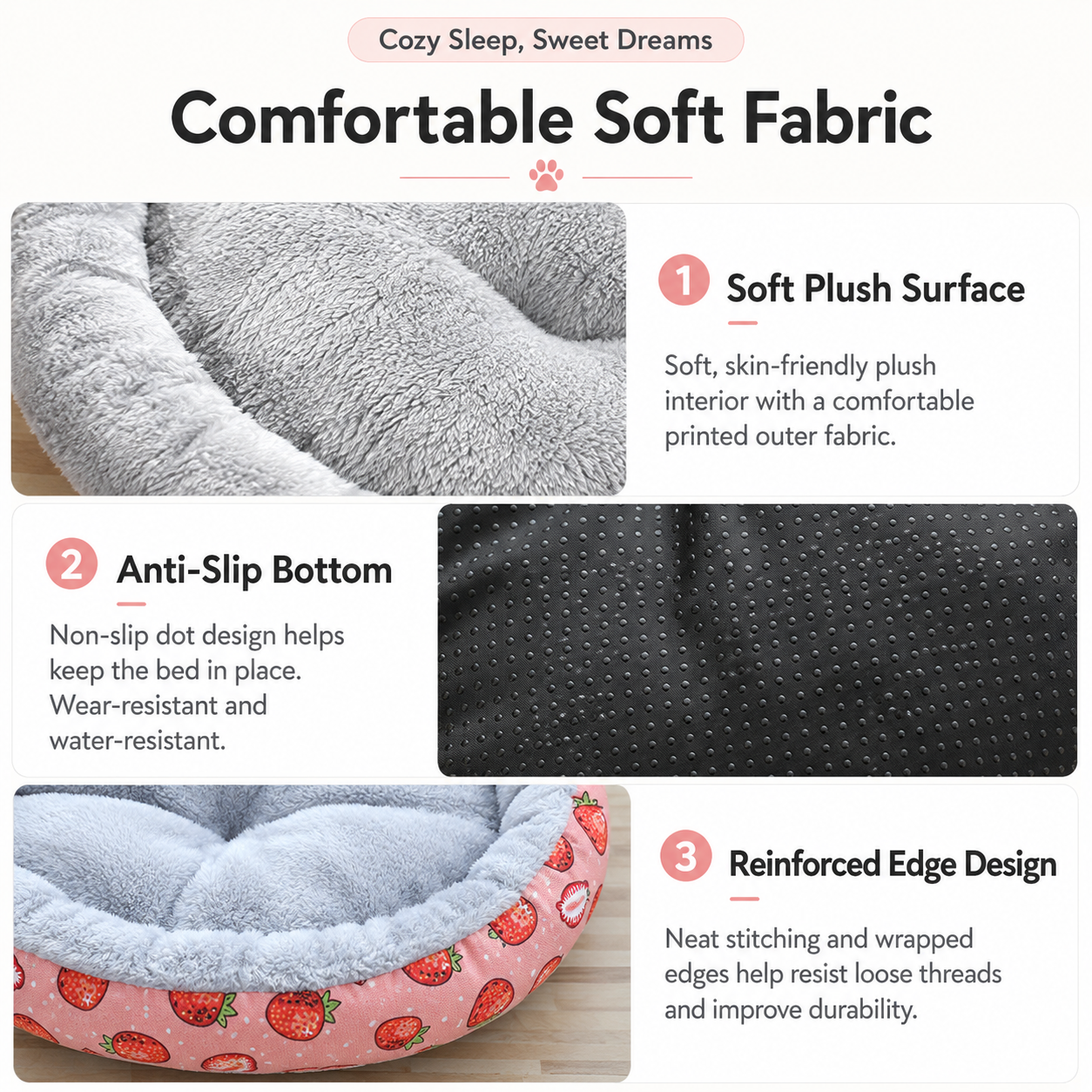 Round Pet Bed for Small Dogs and Cats, Soft Plush Calming Cat Bed with Strawberry Pattern, Cozy Washable Puppy Sleeping Mat, Non Slip Bottom Pet Cushion for Indoor Home Use(Diameter: 45cm) - view 5
